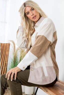Stoosh Catherine Style JKJR2734 Cream Tan Blush Corduroy Shacket Sz L NWT